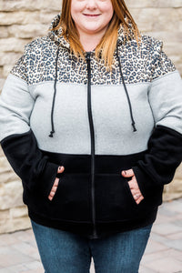 Leopard Color Block Full Zip Hoodie