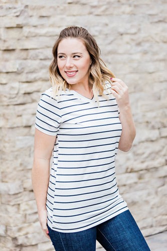 Classic V-Neck Tee - White with Black Stripes