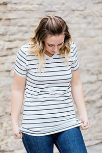 Classic V-Neck Tee - White with Black Stripes