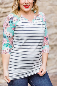 Mint Floral 3/4 Sleeve V-Neck