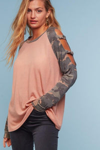 Dreaming in Camo Waffle Cutout Top