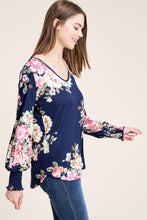 Load image into Gallery viewer, Navy floral long sleeve with smocked wrist