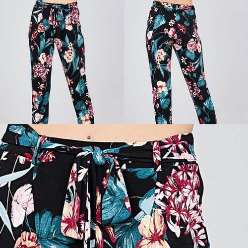 Black floral paper bag pants