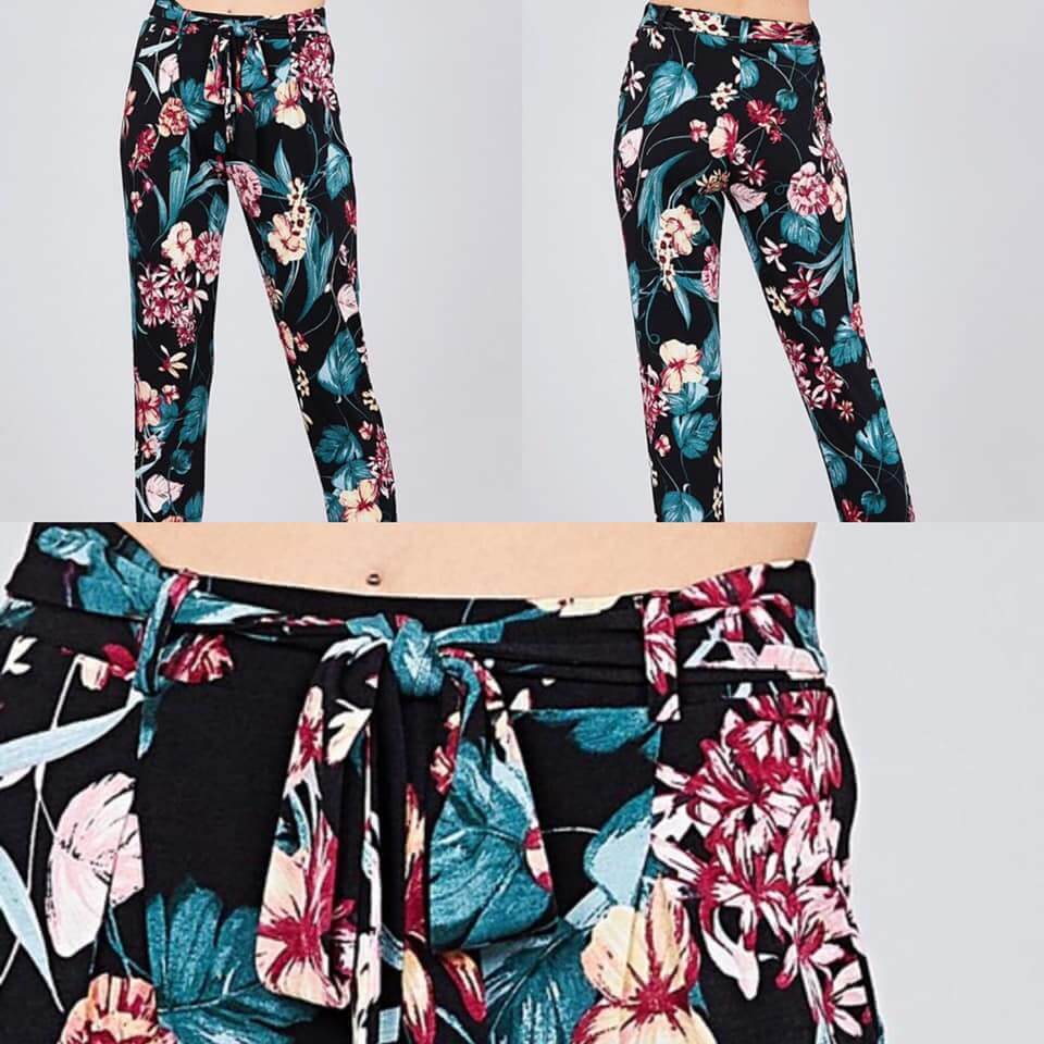 Black floral paper bag pants