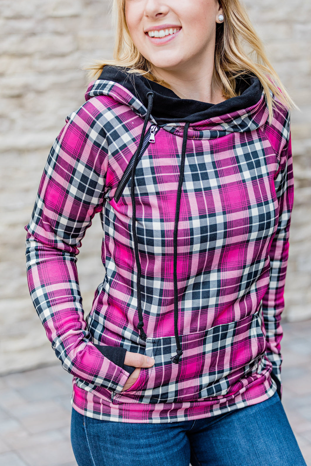 IN STOCK Pink and Black Plaid Double Hoodie