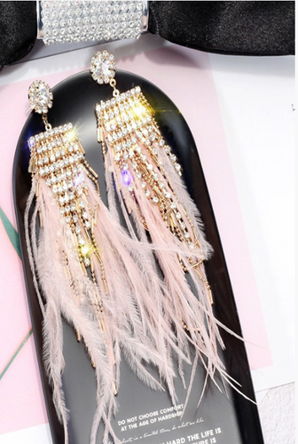 Fringed Rhinestone Feather Earrings