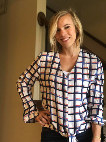 White and Navy Tie Front Blouse