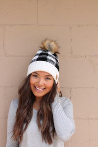 Plaid fleece lined Pom Hats