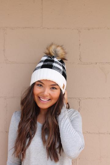 Plaid fleece lined Pom Hats