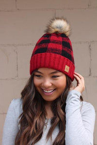 Plaid fleece lined Pom Hats