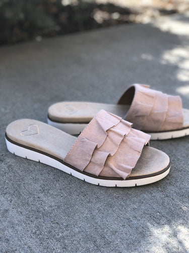 blush ruffle slide on sandal