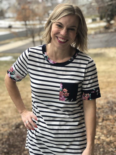 Navy stripe tee with floral detail