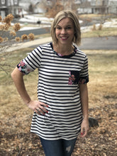 Load image into Gallery viewer, Navy stripe tee with floral detail
