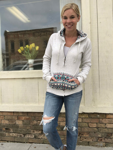 Aztec pocket and hood, zip up sweatshirt