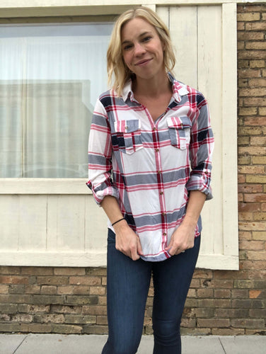 White, Blue and Red Plaid button down