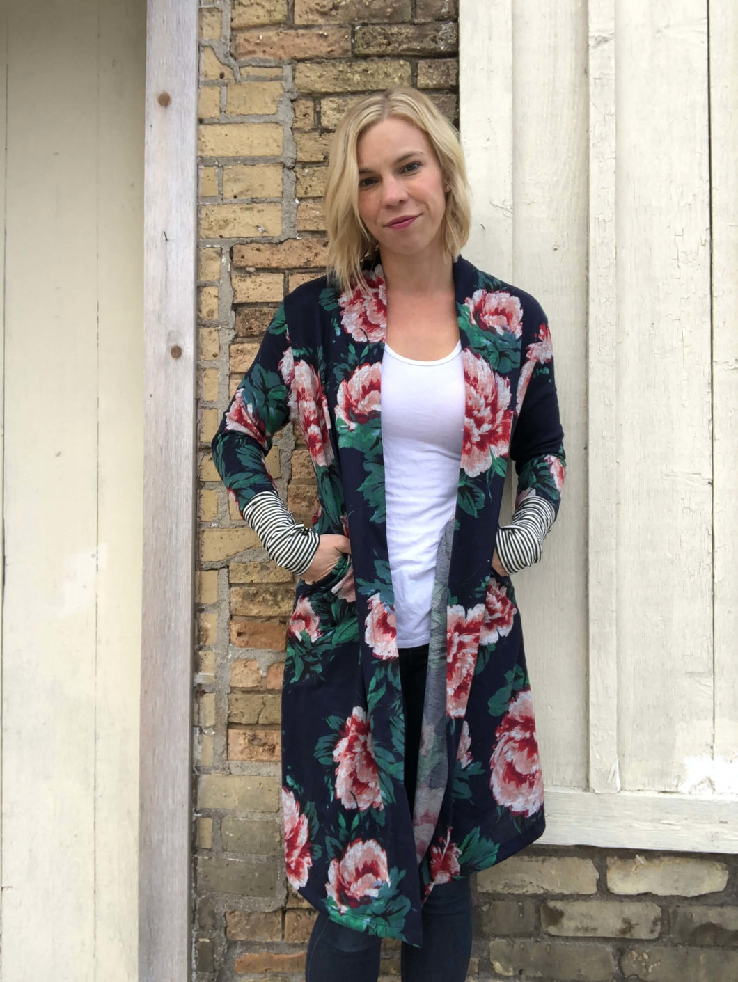 Floral Duster with stripe sleeve contrast