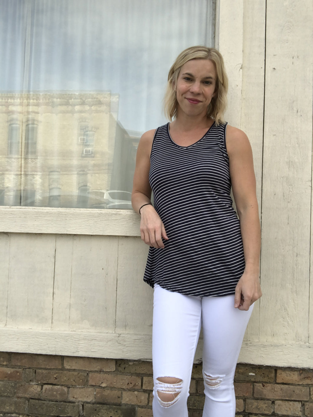 Navy and white stripe V neck tank