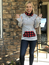 Load image into Gallery viewer, Funnel neck white and black stripe with buffalo plaid