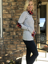 Load image into Gallery viewer, Funnel neck white and black stripe with buffalo plaid