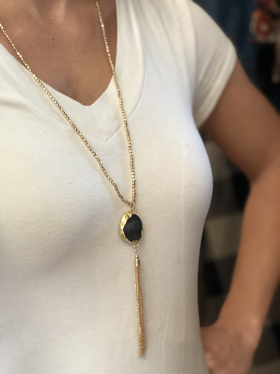 Black stone fringe necklace
