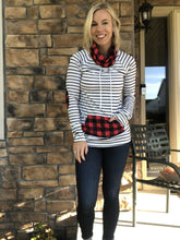 Load image into Gallery viewer, Funnel neck white and black stripe with buffalo plaid