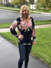 Load image into Gallery viewer, Navy floral long sleeve with smocked wrist