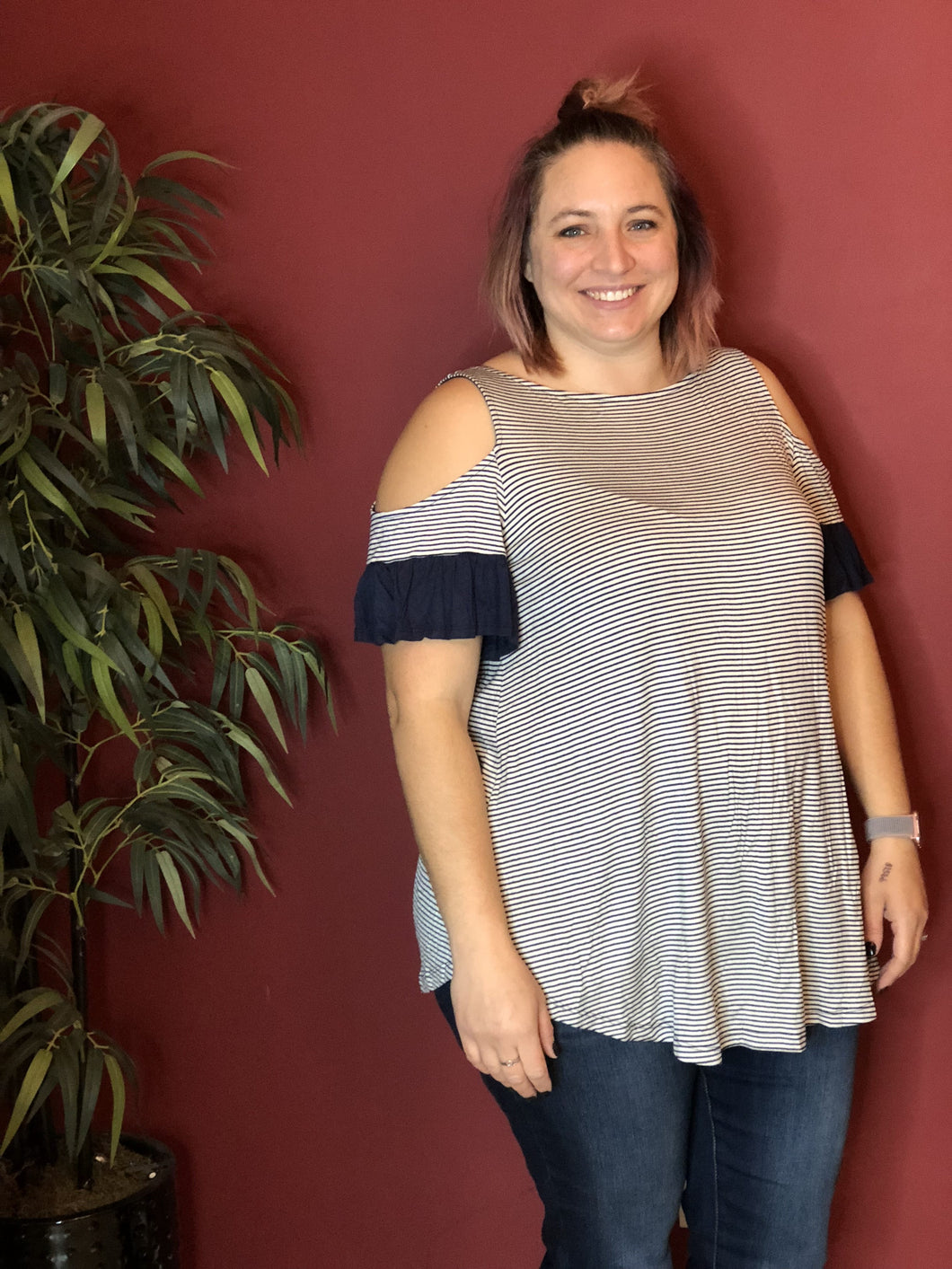 Navy and White Stripe Cold Shoulder tee