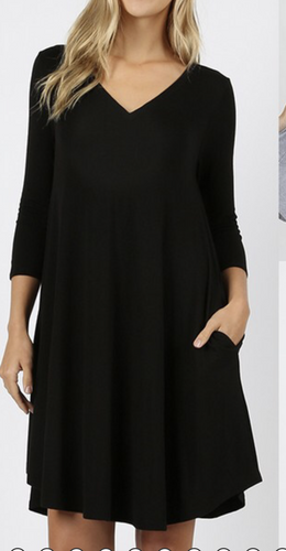 V neck black long sleeve tunic with pockets