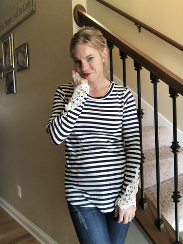 Navy Blue stripe top with lace detail on sleeve