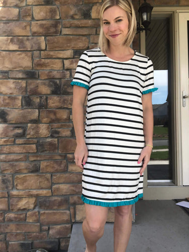 Black stripe with teal ruffle dress