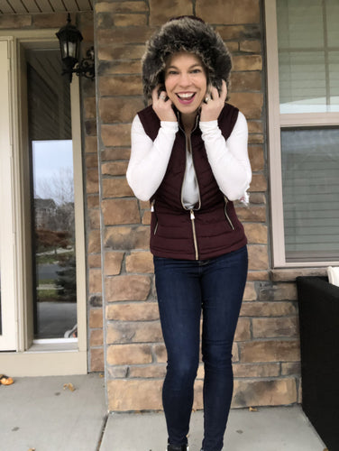 Maroon vest with fur lined hood
