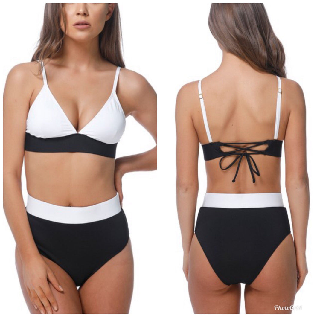 Black and white two piece swim suit