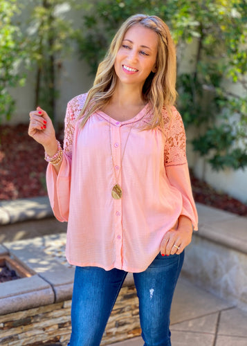 Just Peachy Lace Button Down Blouse