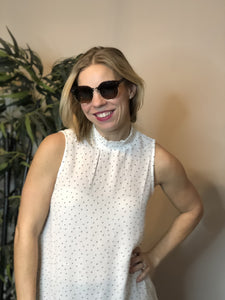 Smocked white polka dot tank