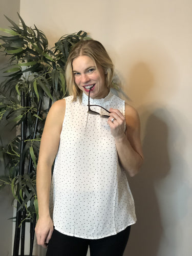 Smocked white polka dot tank