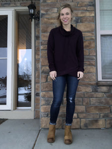Plum cowl neck top with bottom detail