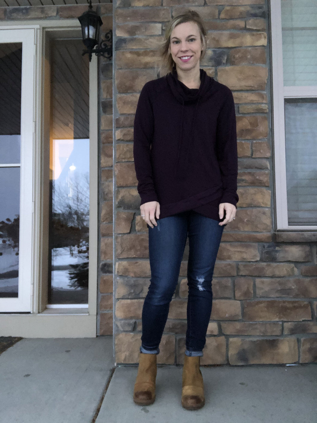 Plum cowl neck top with bottom detail
