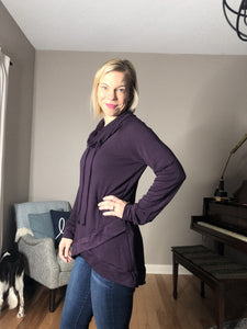 Plum cowl neck top with bottom detail