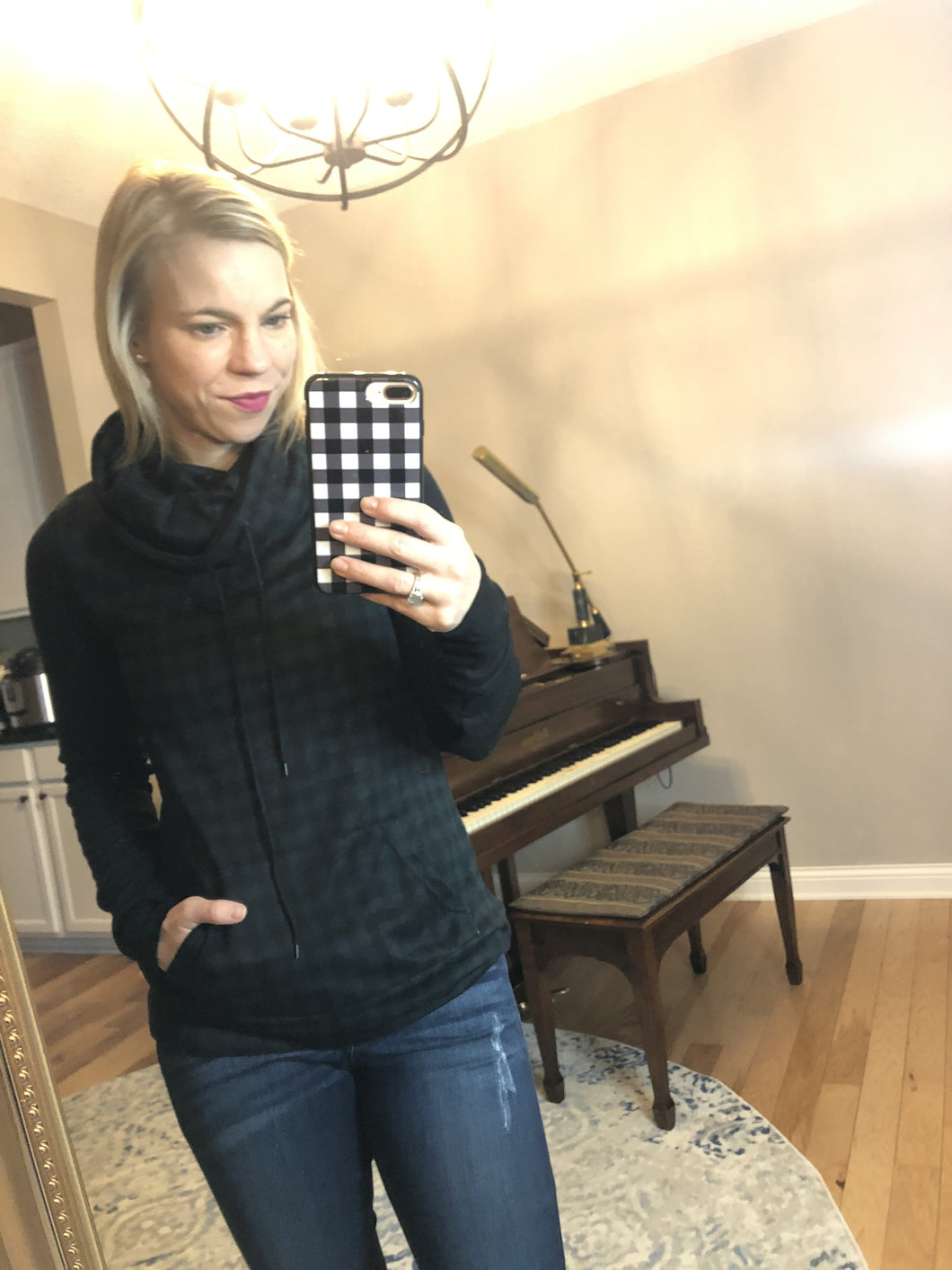 Green and Black Check funnel neck