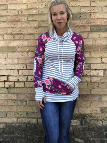cowl neck stripe and floral sweatshirt
