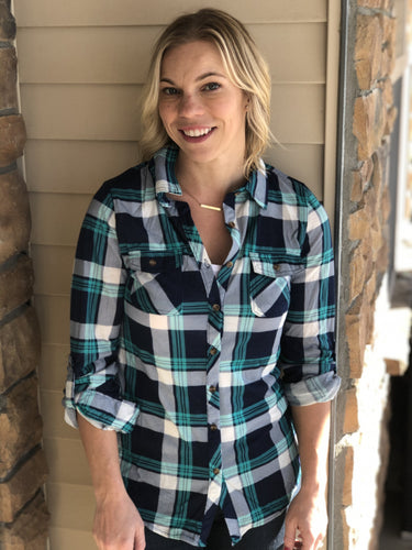 Navy and teal button down