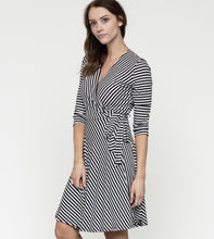 Load image into Gallery viewer, Black and white striped wrap dress