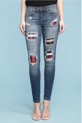 Red Plaid Patched Judy Blue Skinnies