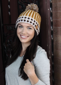 Mustard fleece lined knit hat with pom