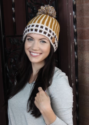 Mustard fleece lined knit hat with pom