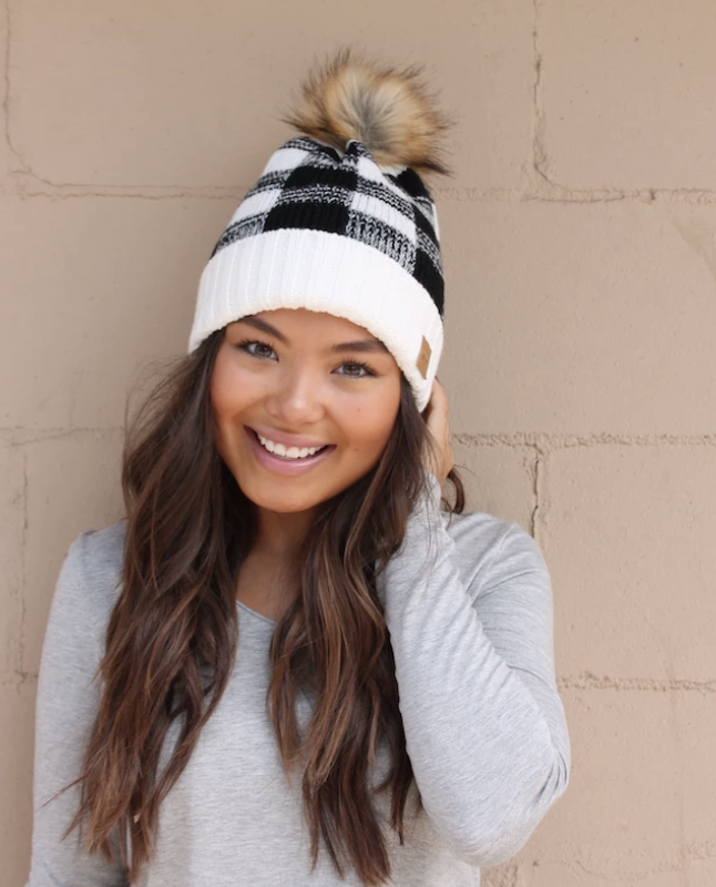 Black and white plaid pom hat