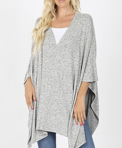 SWEATER FABRIC OVERSIZE V-NECK PONCHO- grey