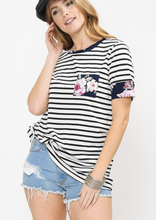 Load image into Gallery viewer, Navy stripe tee with floral detail