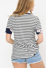 Load image into Gallery viewer, Navy stripe tee with floral detail
