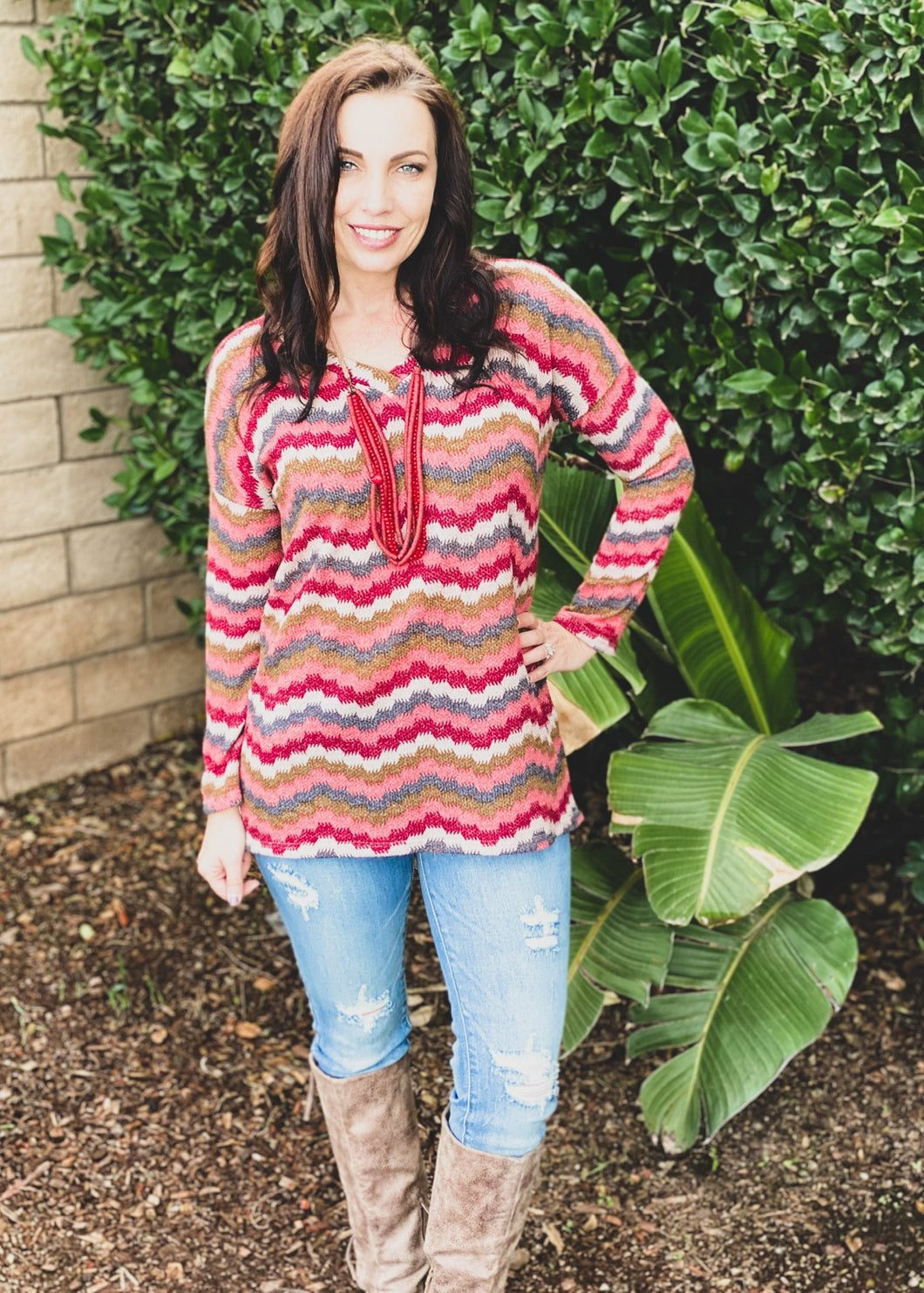 Berry Chevron Long Sleeve Knit Top